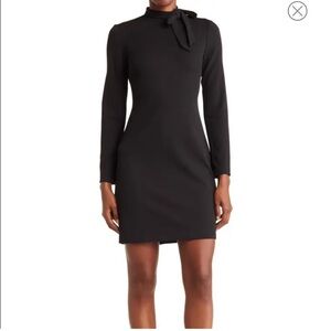 Calvin Klein Black Long Sleeve High Neck Shift Dress with Faux Tie at Neck Sz 4